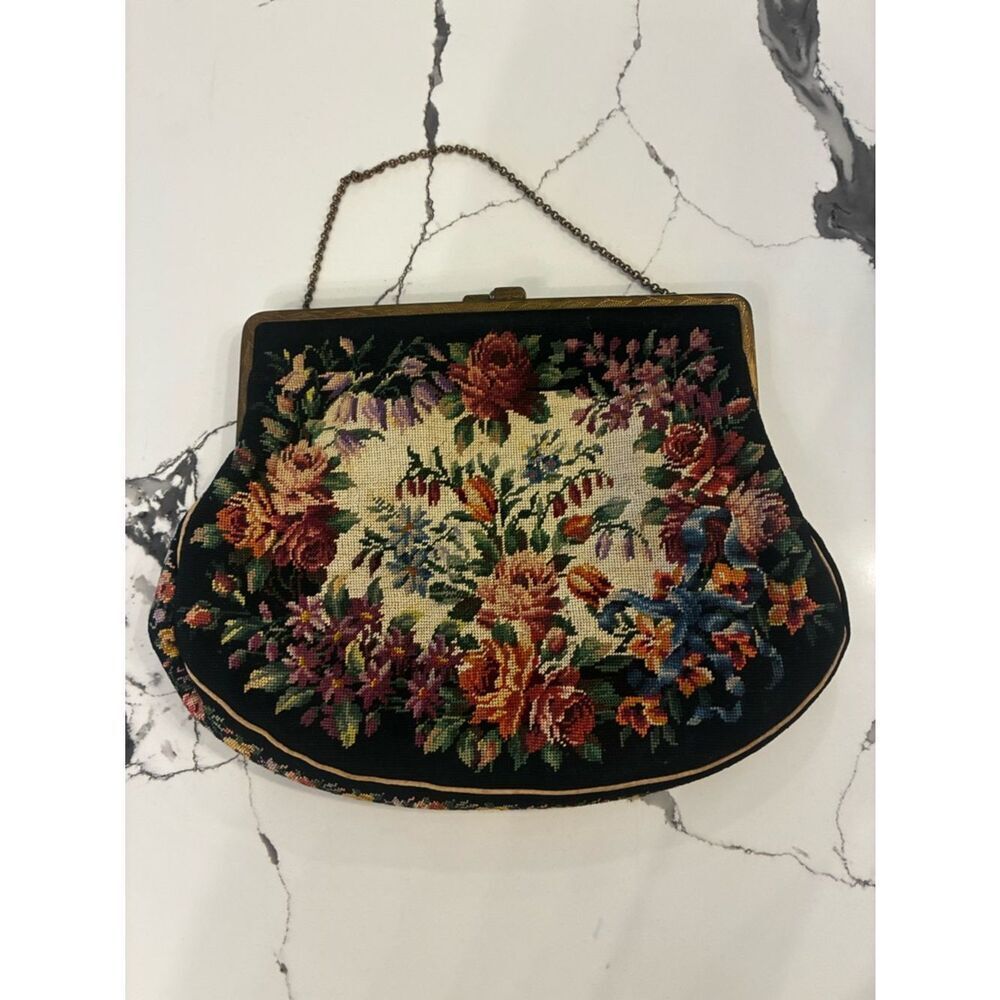 Vintage Floral Tapestry Handbag in Black and Multicolor